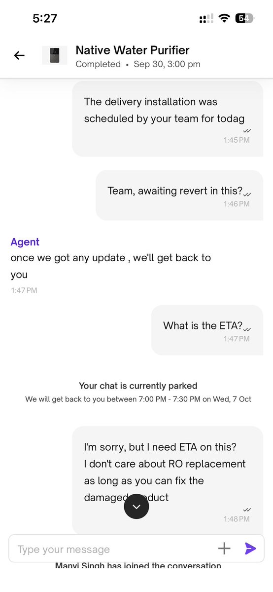 rishabh0201's tweet photo. 2/5 
The UC Support strategy to handle a broken #WaterPurifier is brilliant:
1Park the chat instead of responding.
2Ask to wait 24hrs, every 24hrs.
3Keep repeating "Will update ASAP" to avoid any real commitment. Proof attached. @UC_Assist https://t.co/MNUmqK1BAD