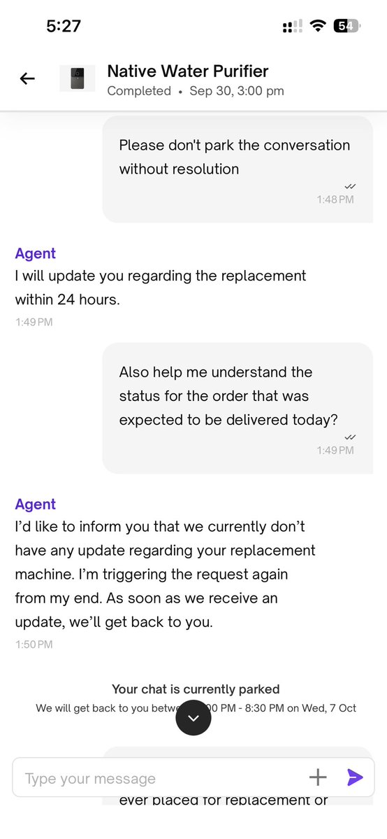rishabh0201's tweet photo. 2/5 
The UC Support strategy to handle a broken #WaterPurifier is brilliant:
1Park the chat instead of responding.
2Ask to wait 24hrs, every 24hrs.
3Keep repeating "Will update ASAP" to avoid any real commitment. Proof attached. @UC_Assist https://t.co/MNUmqK1BAD