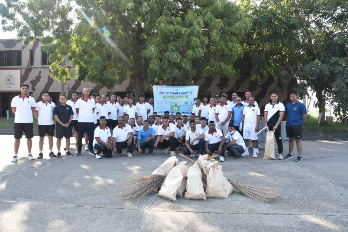 SWAC_IAF's tweet photo. 🇮🇳 Swachhata Mein Sahbhag, Swachh Bharat, Viksit Bharat!

Personnel of Air Force Station Jamnagar actively participated in #SwachhataHiSeva2026, undertaking organised cleanliness drives and systematic upkeep of station premises. Air Warriors reaffirmed their commitment to a clean, healthy and hygienic environment through responsible waste management and sustained cleanliness practices.

The drive was followed by a Safai Mitra Lecture on waste segregation, creating awareness on the importance of proper segregation and responsible disposal of waste.

#SHS2026 #IndianAirForce #SwachhBharat #SwachhataMeinSahbhag #WasteSegregation
 #SwachhPaathshala
#SpecialCampaign

@SwachhBharatgov
@swachhBharat
@MoHUA_India
@MoJSDDWS
@DefenceMinIndia
@SpokespersonMoD
@HQ_IDS_India
@adgpi
@IAF_MCC
@DefencePRO_Guj