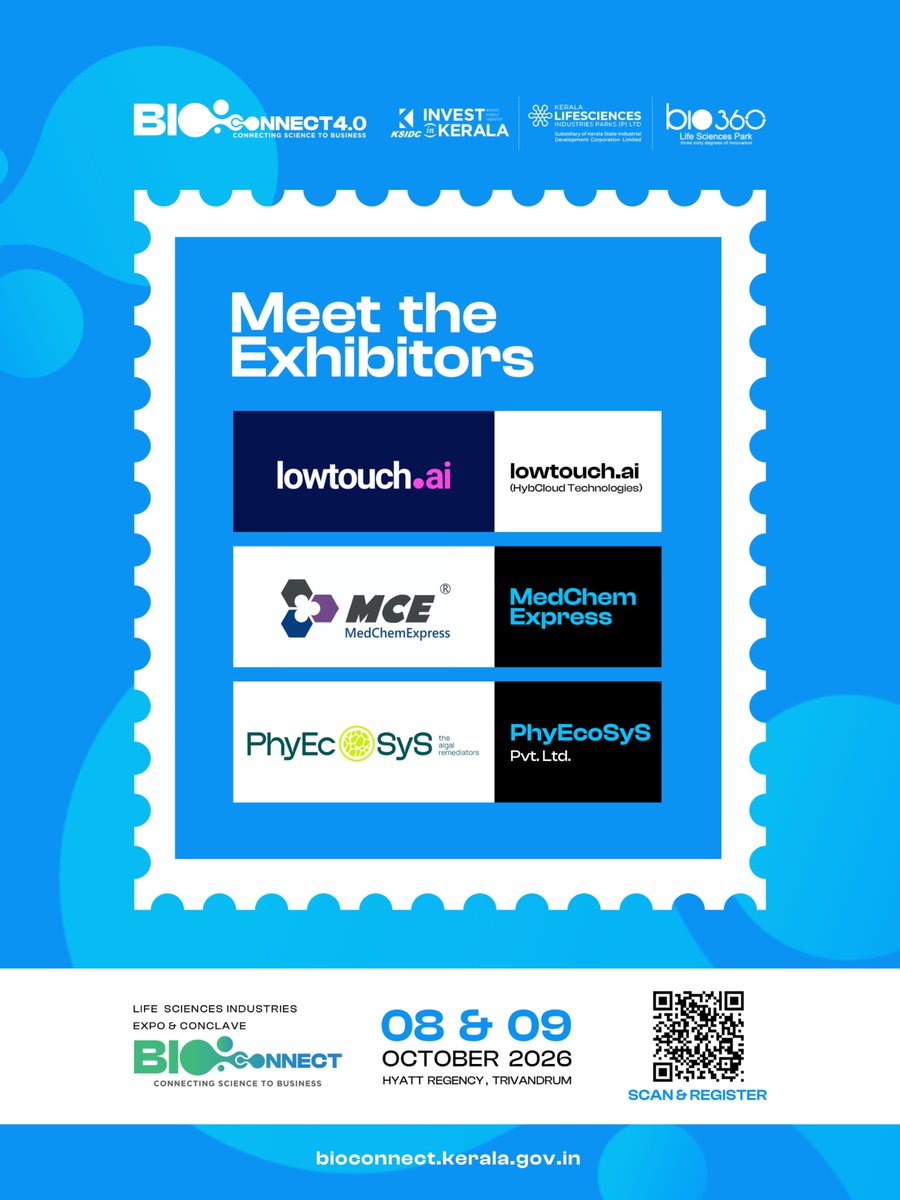 invest_kerala's tweet photo. The Stage is Set. The Innovators Are Ready. 🧬🚀
Introducing the exhibitors of BIOCONNECT 4.0 — bringing together pioneering ideas, technologies and solutions under one roof.
#BIOCONNECT4.0 #OurExhibitors #LifeSciences #Innovation #Biotechnology #Healthcare #Keralam #Exhibition #InvestInKeralam #KSIDCWorks #GoBeyond