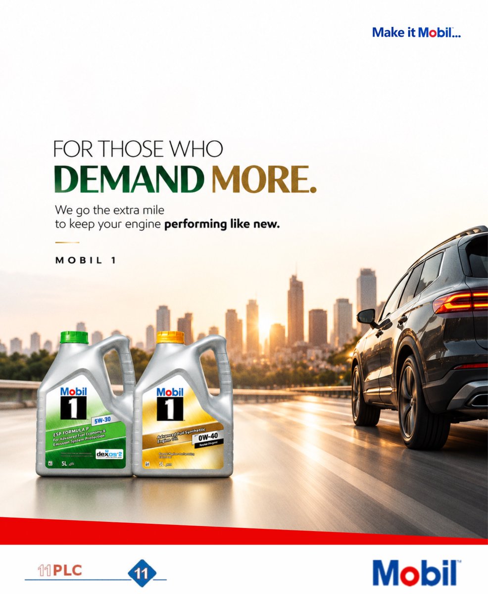 11PLC's tweet photo. You demand more. Your engine should too.
Go further with the advanced performance of Mobil 1.
#Mobil1 #EnginePerformance #FullSynthetic #MobilNigeria #PerformanceDriven https://t.co/3tRtSCGoEf