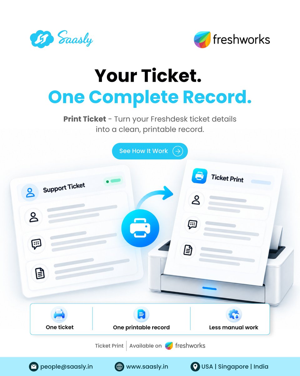 saasly_'s tweet photo. Your ticket already has the details. 📋
Why recreate them just to print? 🖨️
Print Ticket by Saasly makes it simple to turn Freshdesk tickets into printable records—no extra manual work. ✨⚡
One ticket. One record. 🔗
#Freshdesk #Freshworks #Saasly #CustomerSupport #Helpdesk https://t.co/FmWqRlc835
