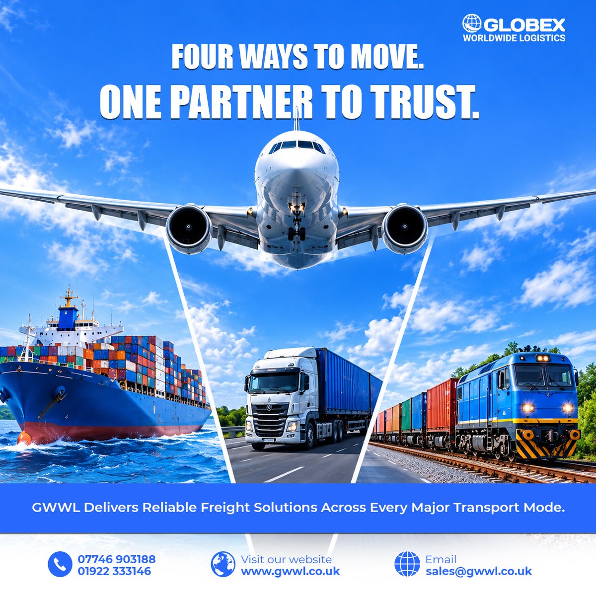 worldwide89776's tweet photo. ✈️ 🚢 🚛 🚆 Four Ways to Move. One Partner to Trust.

GWWL delivers reliable freight solutions across air, sea, road &amp; rail, helping businesses keep cargo moving with confidence. 🌍

📞 07746 903188 | 01922 333146
🌐 https://t.co/xF4bTBYTTB
📧 sales@gwwl.co.uk
#GWWL #Logistics https://t.co/QYoHNe4c46