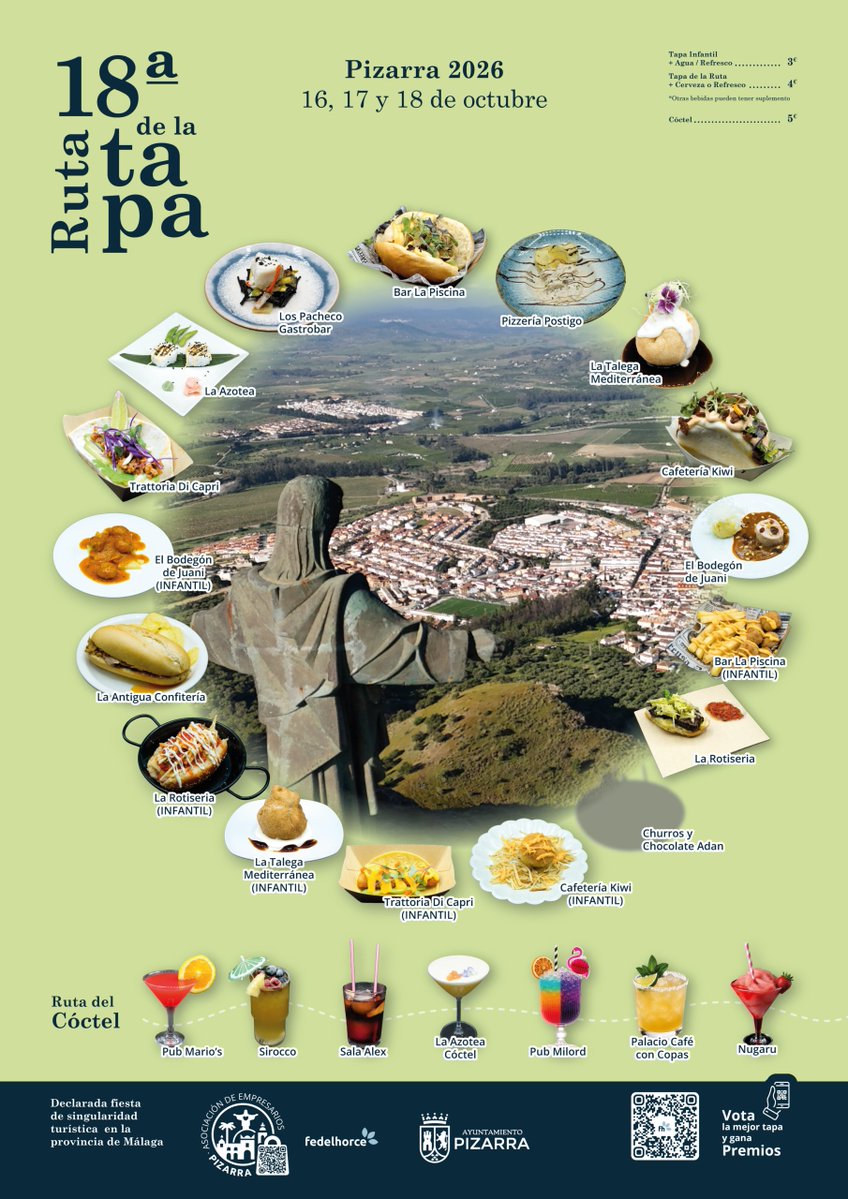Ayto_Pizarra's tweet photo. Pizarra celebra su XVIII Ruta de la Tapa (y el cóctel) del 16 al 18 de octubre.  Un total de 11 restaurantes y 7 bares ofrecerán sus tapas y cócteles en una fiesta declarada de interés turístico provincial. https://t.co/p7MDzpX0hx