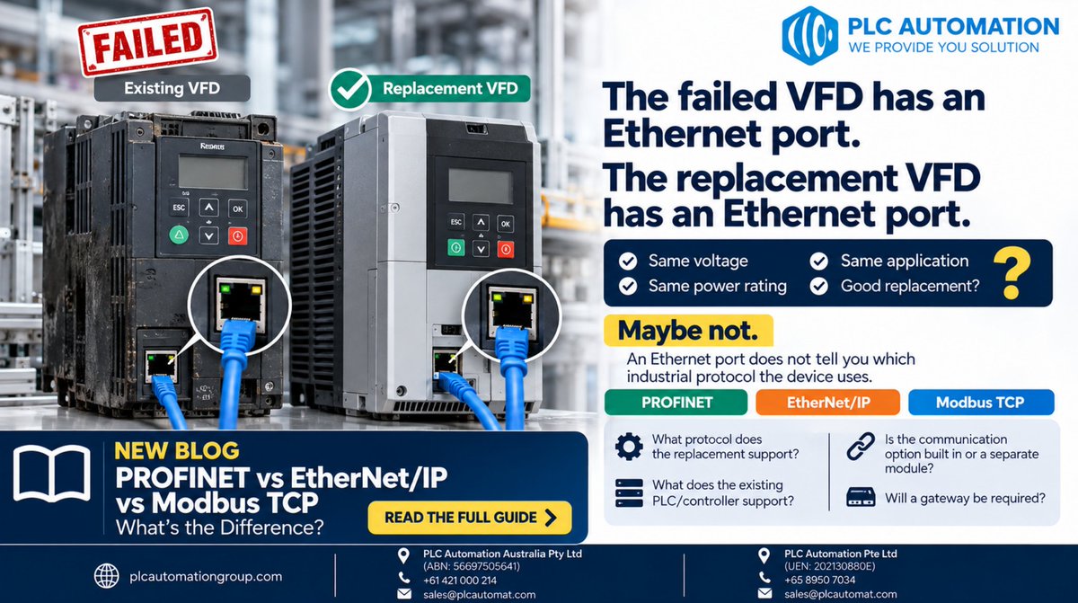 plcautomation_'s tweet photo. Failed VFD: Ethernet port.
Replacement VFD: Ethernet port.
Compatible? Not necessarily.

PROFINET ≠ EtherNet/IP ≠ Modbus TCP.

The connector may fit while the communication protocol doesn't.

An Ethernet port is not a compatibility specification. https://t.co/SkAflqT70B