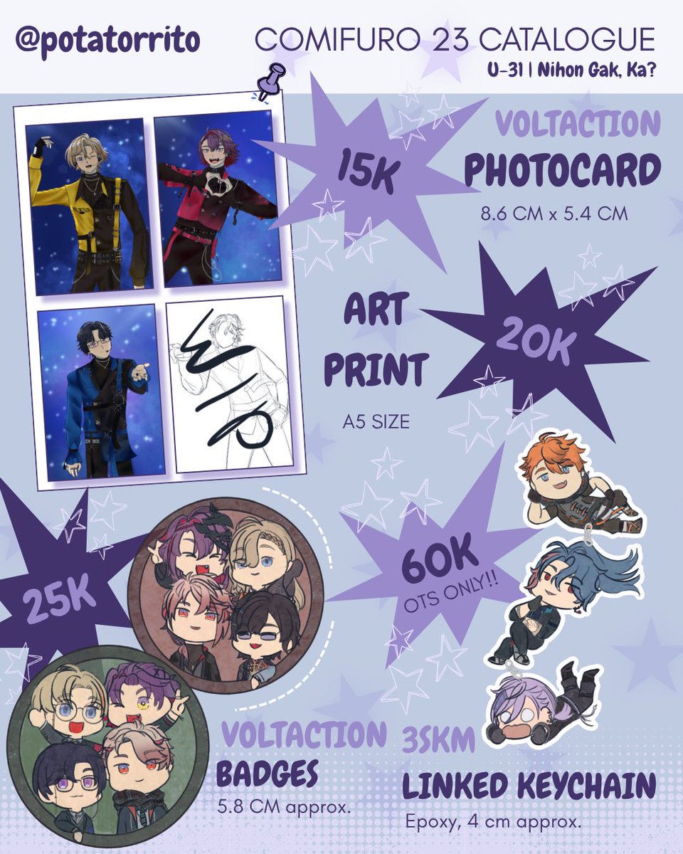 potatorrito's tweet photo. ❤️ &amp; 🔁 are very appreciated!!✨️ 

Henlo all, im finally dropping my CF23 catalogue and PO!!

#CF23 PO Open~ 
📅 6 Oct - 13 Oct
📍 U-31 | Nihon Gak, Ka?
🛒 Pick Up Day 1 Only
✨ Nijisanji JP (VOLTACTION, 3SKM)
🔗 https://t.co/tgostM4qdw

#comifuro #comifuro23 #cf23catalogue https://t.co/dIshbyblxa