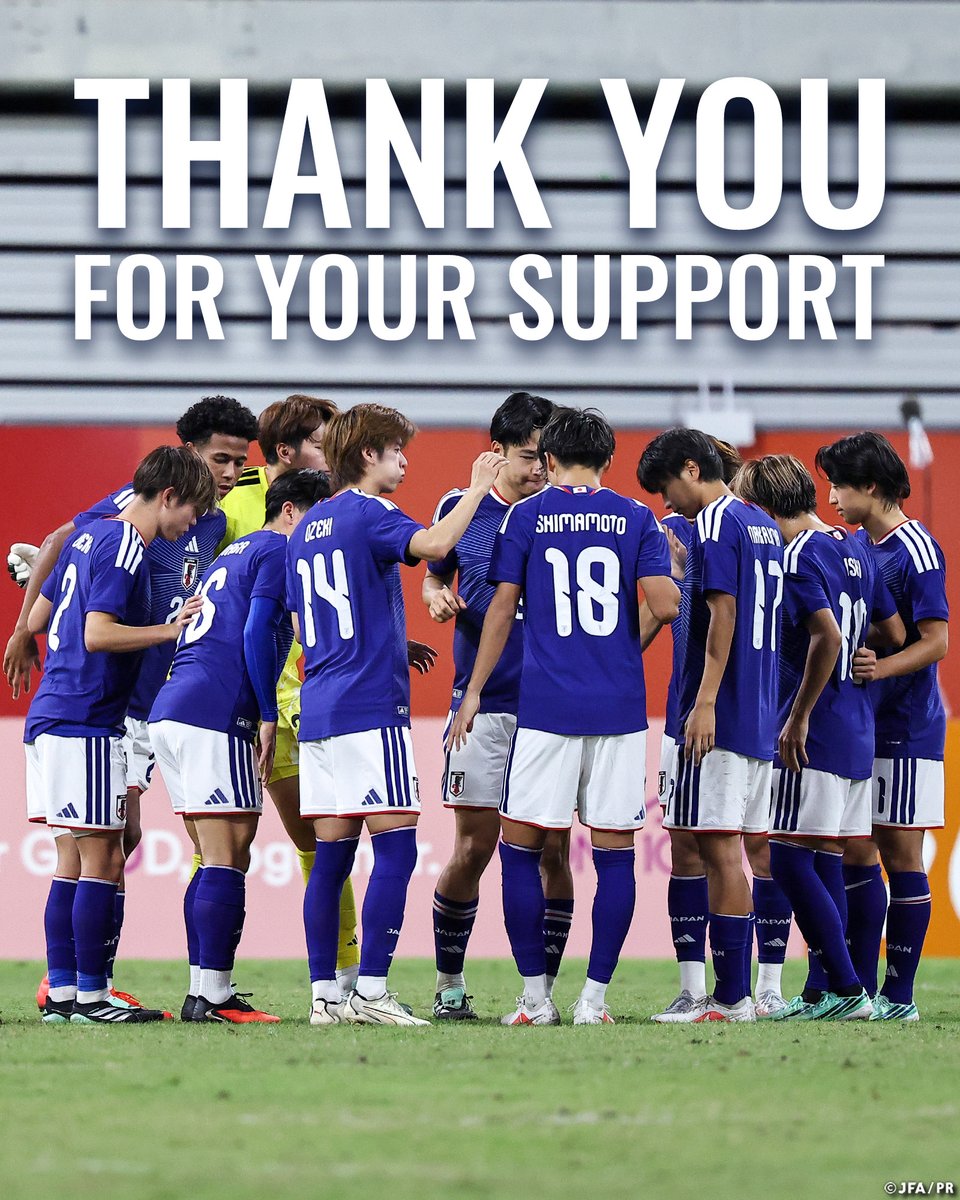 jfa_samuraiblue's tweet photo. 🔹𝙏𝙃𝘼𝙉𝙆 𝙔𝙊𝙐 𝙁𝙊𝙍 𝙔𝙊𝙐𝙍 𝙎𝙐𝙋𝙋𝙊𝙍𝙏🔹

アジアの頂点を目指した戦いは、銀メダルで幕を下ろしました。
大会期間中はたくさんのご声援をいただき、ありがとうございました。

選手たちは2年後のオリンピックに向けて、さらなる成長を続けていきます。
引き続き熱いサポートをよろしくお願いします📣

@AsianGames_2026 #IPPO
#U21日本代表 #サッカー日本代表