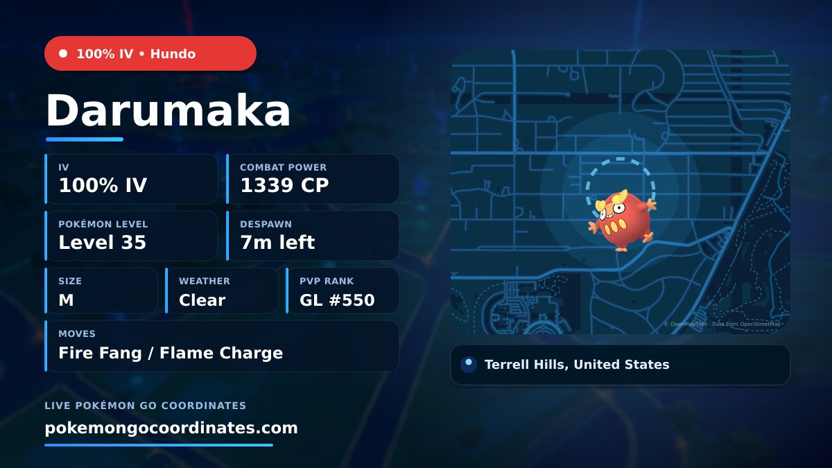 CoordsPokemonGo's tweet photo. #Darumaka Wild Spawns
π―% IV β’ 1339 CP β’ Level 35
Despawns in 7m
π 29.472826,-98.444685
#100IVLevel35 β’ #ShinyPokemon https://t.co/ducvRPAZ2F
