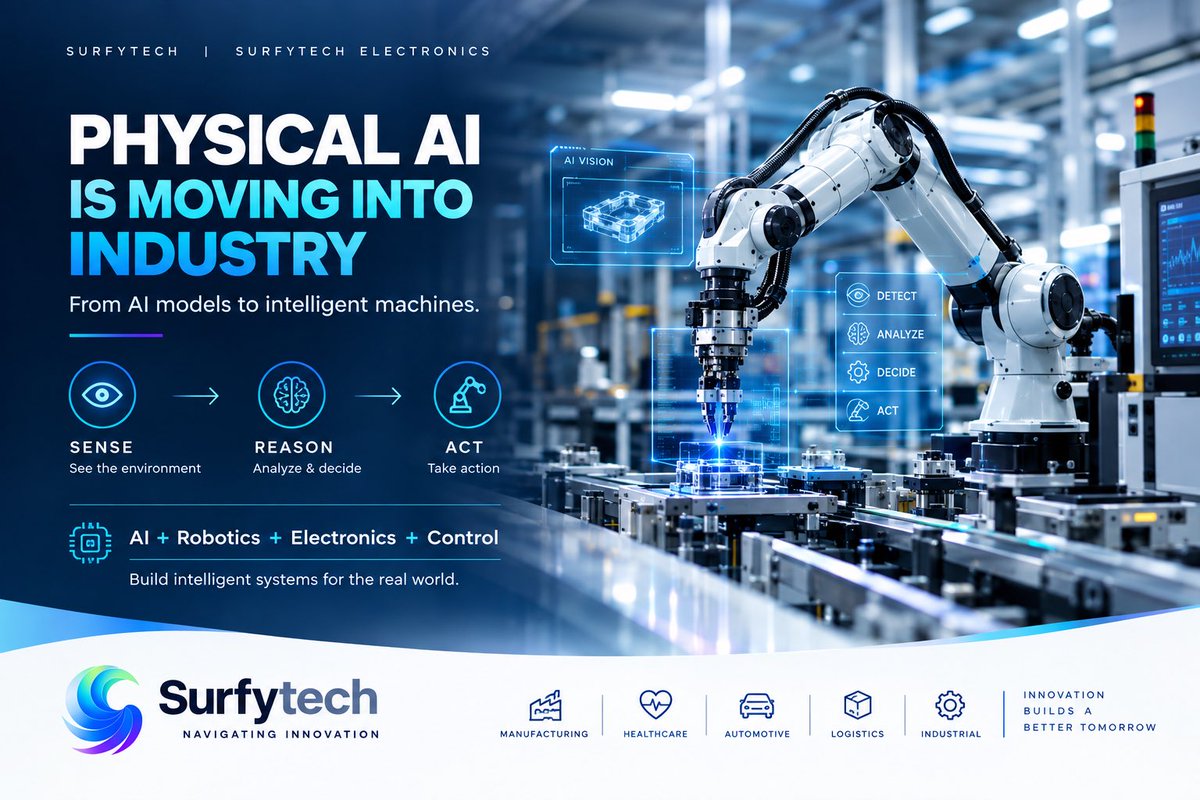surfytech's tweet photo. AI is leaving the screen. 🤖

The next wave is physical:

👁️ Sense
🧠 Reason
⚙️ Control
🤖 Act

The real opportunity is connecting:

AI + Robotics + Electronics + Control

That’s where software meets the physical world.

What industry gets there first?

#PhysicalAI #Robotics #ai https://t.co/vRv7swym6n