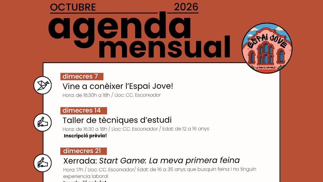 RadioSeu's tweet photo. L’Espai Jove de #laSeu presenta la seva programació d’octubre amb activitats formatives, esportives i de lleure. #AltUrgell @OJAU + informació: https://t.co/SWPVEd906H https://t.co/EIJqyqB2pE