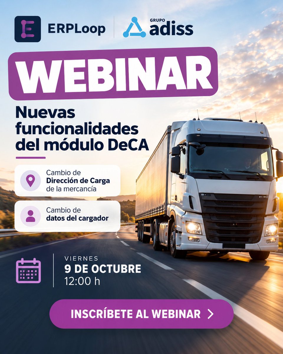 ADISSInforma's tweet photo. Webinar ERPLoop · Nuevas funcionalidades DeCA
Novedades:
- Cambio de Dirección de Carga
- Cambio de datos del cargador
Viernes 9 de octubre
Inscripción:
https://t.co/KNUPDefOqP
📄 Presentación DeCA:
https://t.co/i5TDECayqz
#ERPLoop #DeCA #Webinar #Transporte https://t.co/4favF4McOZ