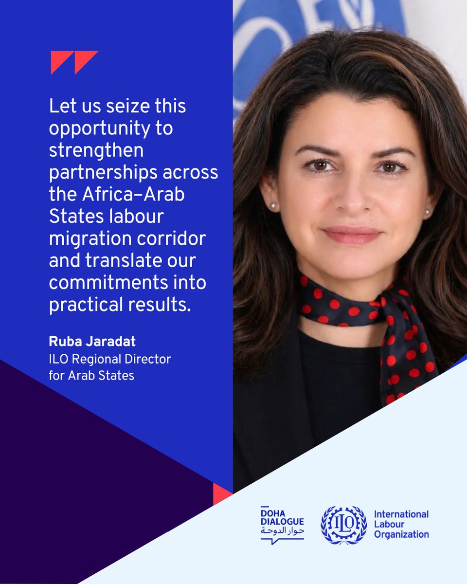 iloarabstates's tweet photo. At the #DohaDialogue in Dar es Salaam, ILO Regional Director for Arab States Ruba Jaradat calls for sustaining close cooperation to turn commitments on labour mobility into practical results for workers, employers and labour markets across both regions. 
 
Together, for #DecentWork