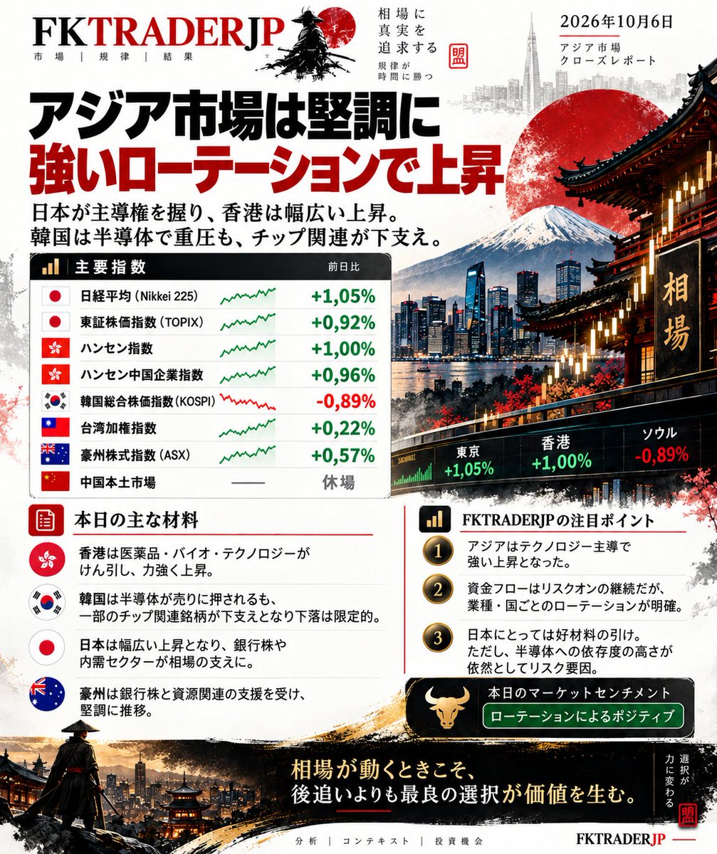 FKTRADERJP's tweet photo. アジア株は総じて堅調📈

🇯🇵日経 +1.05%
🇭🇰ハンセン +1.00%
🇰🇷KOSPI -0.89%

ポイントは「全面高」��はなく資金のローテーション。
日本は金融・内需が支え、韓国は半導体が重荷。

明日は追いかけるより、強いセクターの継続性を確認したい。

#日経平均 #日本株 #アジア株 #TOPIX https://t.co/vr4Wzf6YIJ