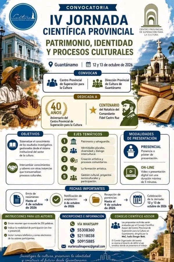 GuantanamoCulto's tweet photo. En el contexto de la Jornada de la Cultura Cubana, el Centro Provincial de Superación para la Cultura en el territorio  desarrollará su IV Jornada Científica: "Patrimonio, Identidad y Procesos Culturales" los días 12 y 13 de Octubre https://t.co/cOvSvoTZ0C