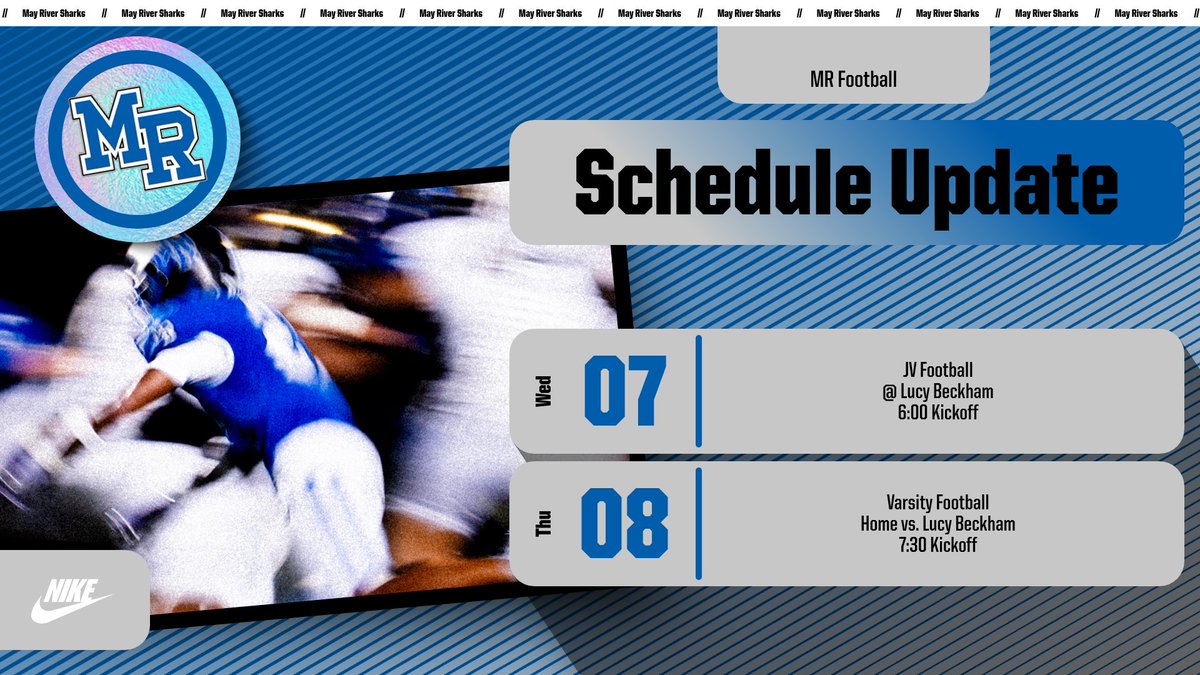 MRsharks1's tweet photo. UPDATE: Varsity's game this week has been moved to THURSDAY.  Home with a 7:30 Kickoff stays the same.  JV will play at Lucy Beckham WEDNESDAY with a 6:00 Kickoff. https://t.co/rWJz7mL812