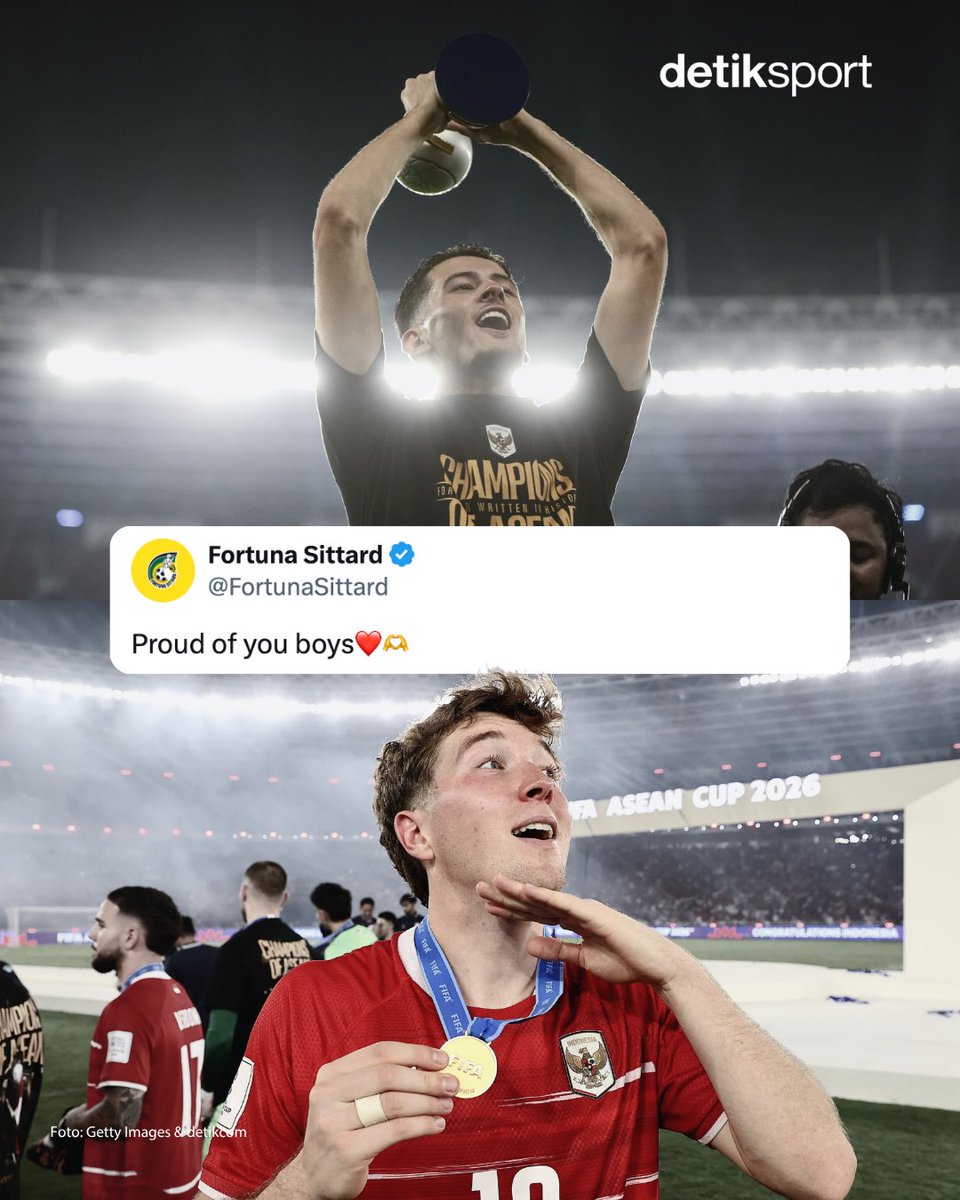 detiksport's tweet photo. Klub-klub tempat para pemain diaspora Indonesia berkarier turut mengucapkan selamat usai Garuda menjuarai FIFA ASEAN Cup 2026 🇮🇩🏆

#TimnasIndonesia #detiksport https://t.co/LbeGl6by2Z