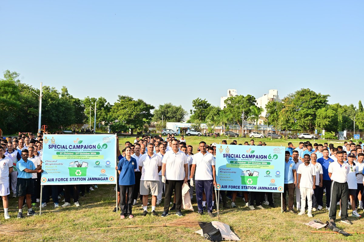 SWAC_IAF's tweet photo. 🇮🇳 Swachhata Mein Sahbhag, Swachh Bharat, Viksit Bharat!

Personnel of Air Force Station Jamnagar actively participated in #SwachhataHiSeva2026, undertaking organised cleanliness drives and systematic upkeep of station premises. Air Warriors reaffirmed their commitment to a clean, healthy and hygienic environment through responsible waste management and sustained cleanliness practices.

The drive was followed by a Safai Mitra Lecture on waste segregation, creating awareness on the importance of proper segregation and responsible disposal of waste.

#SHS2026 #IndianAirForce #SwachhBharat #SwachhataMeinSahbhag #WasteSegregation
 #SwachhPaathshala
#SpecialCampaign

@SwachhBharatgov
@swachhBharat
@MoHUA_India
@MoJSDDWS
@DefenceMinIndia
@SpokespersonMoD
@HQ_IDS_India
@adgpi
@IAF_MCC
@DefencePRO_Guj