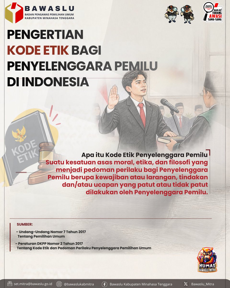 Bawaslu_mitra's tweet photo. Hallo #sahabatbawaslu
*Integritas adalah harga mati.*
Penyelenggara pemilu berpegang pada kode etik, mandiri, jujur, adil, berkepastian hukum, tertib, dan tidak memihak.
Karena suara rakyat hanya layak dijaga oleh yang beretika. https://t.co/IDRYD2jhCg