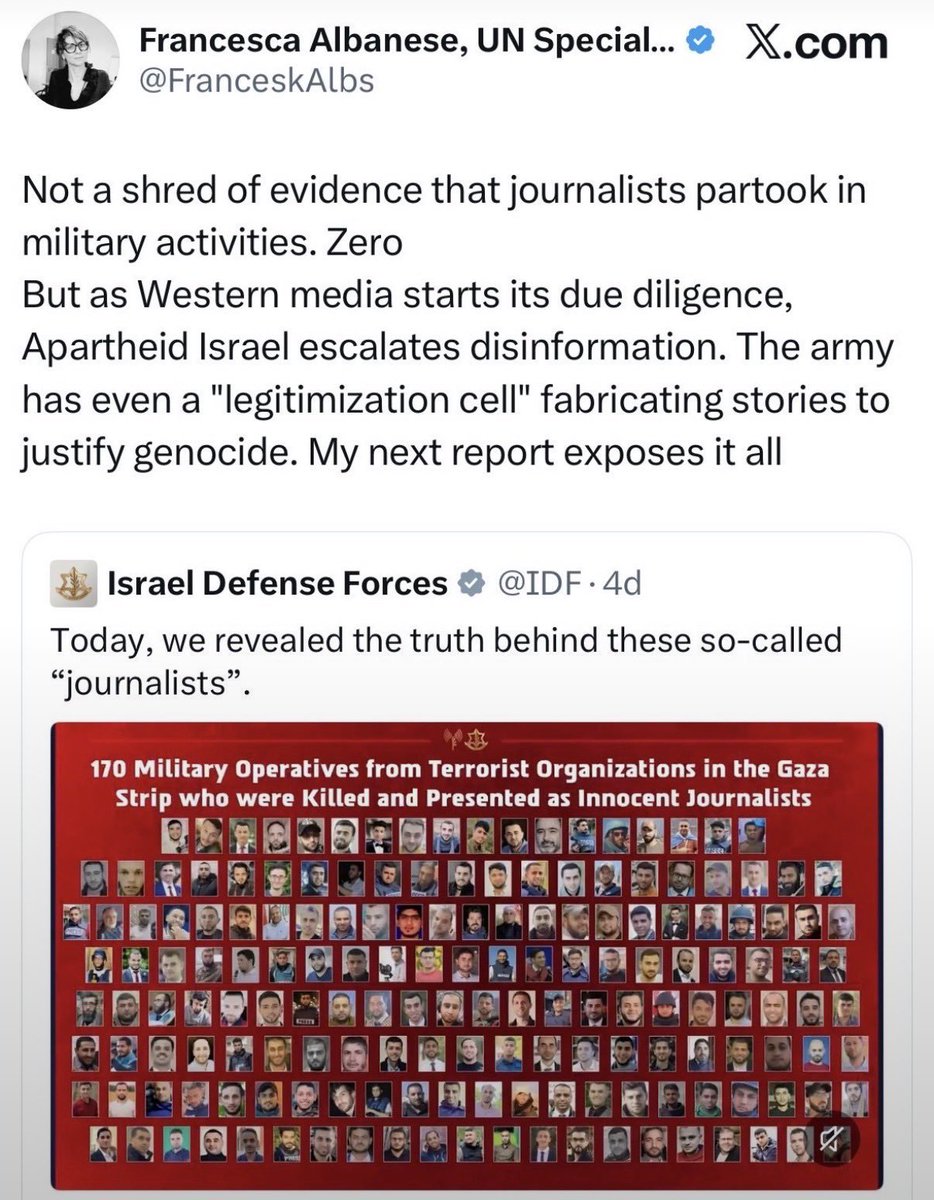 ProfDBernstein's tweet photo. The IDF painstakingly researched and provided a military ID number, rank and unit for every one of the 170 supposed journalists who were actually Hamas or Islamic Jihad terrorists. Much of this information was gleaned from the terrorist groups' own "martyr notices."

That's what Albanese means by "not a shred of evidence." It's like 2026 Goebels  with her.