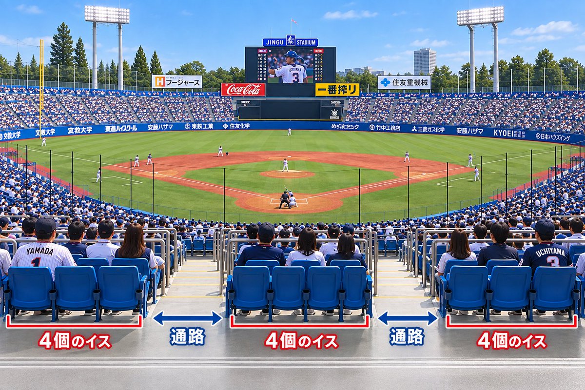 swallows3355's tweet photo. お金もかかるし入場者数減るし絶対無理とは
分かってるけど内野席の中央に座ると
通路側出るの困難すぎてマジでどうにかしたい

内野席これくらいの余裕欲しいんだよな

#swallows https://t.co/qLGyN9OOJs