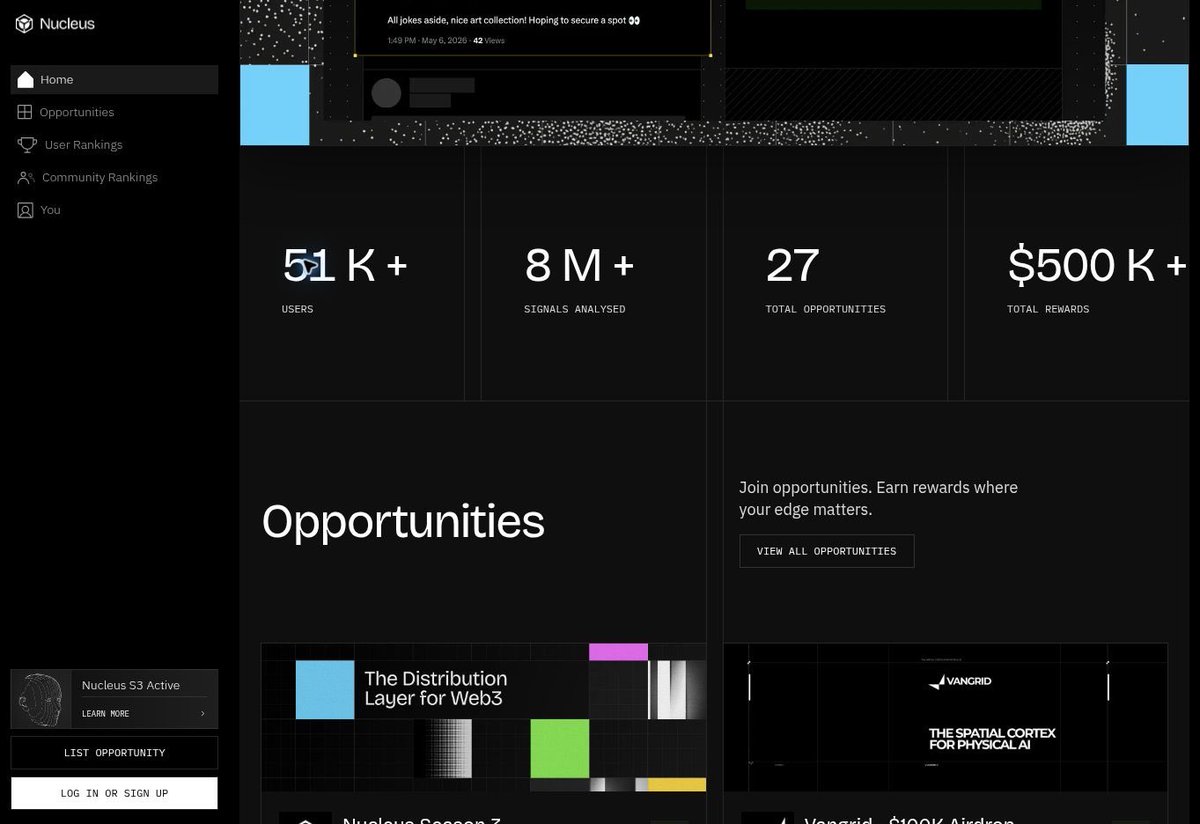 FAVE0124's tweet photo. Good afternoon 💜

One figure caught my attention while exploring @NucleusCodes today: more than 8 million signals analysed.

That number puts the product into perspective. A person’s Web3 identity cannot be understood through wallet balance or follower count alone. You need to consider onchain behaviour, social activity, community participation, consistency and the context surrounding each action.

Nucleus currently displays 51K+ users, 27 opportunities and over $500K in total rewards. Still, the signal count is what interests me most because it reveals the intelligence required to connect fragmented activity into a meaningful reputation.

For users, this can create access based on proven involvement instead of empty visibility.

For projects, it offers a better way to discover participants whose history matches their needs.

For communities, genuine contributors become easier to recognise.

The larger idea is simple: better opportunities begin with better context.

That is why I see Nucleus as more than a ranking platform. It is building the infrastructure for merit-based discovery across Web3.