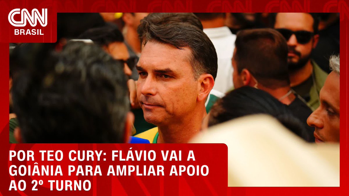 CNN Brasil headline reads "POR TEO CURY: FLÁVIO VAI A GOIÂNIA PARA AMPLIAR APOIO AO 2º TURNO," showing a man (Flávio) surrounded by a crowd, which relates to the post about him traveling to Goiânia to strengthen support for the second round of elections.