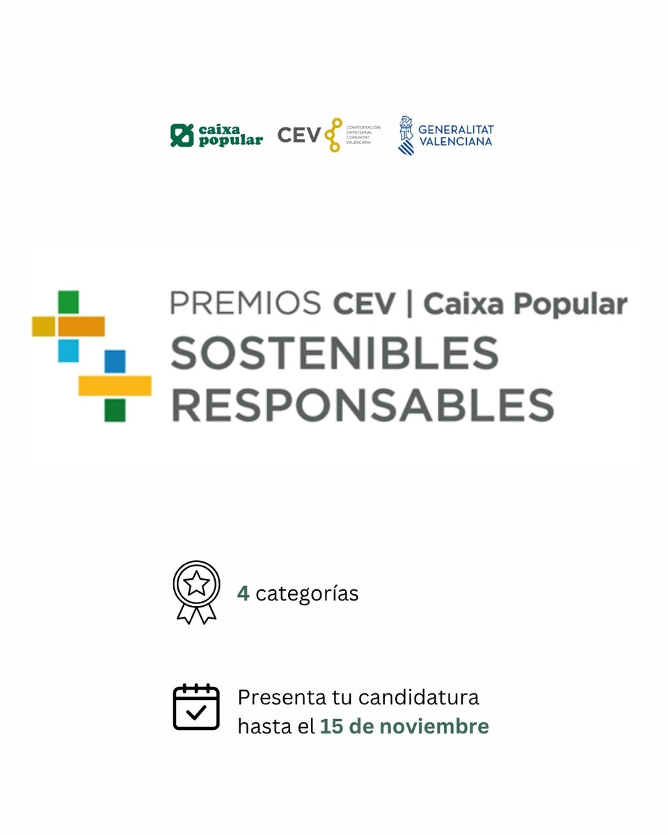 caixapopular's tweet photo. III edició dels Premis + Sostenibles + Responsables amb @CEV_CV i el suport de la @generalitat.
L’objectiu és reconéixer i visibilitzar empreses de la Comunitat Valenciana que converteixen la sostenibilitat en projectes amb impacte real.

Fins al 15/11 👉 https://t.co/UaZ56JBKXT https://t.co/Obwd7sxHvu
