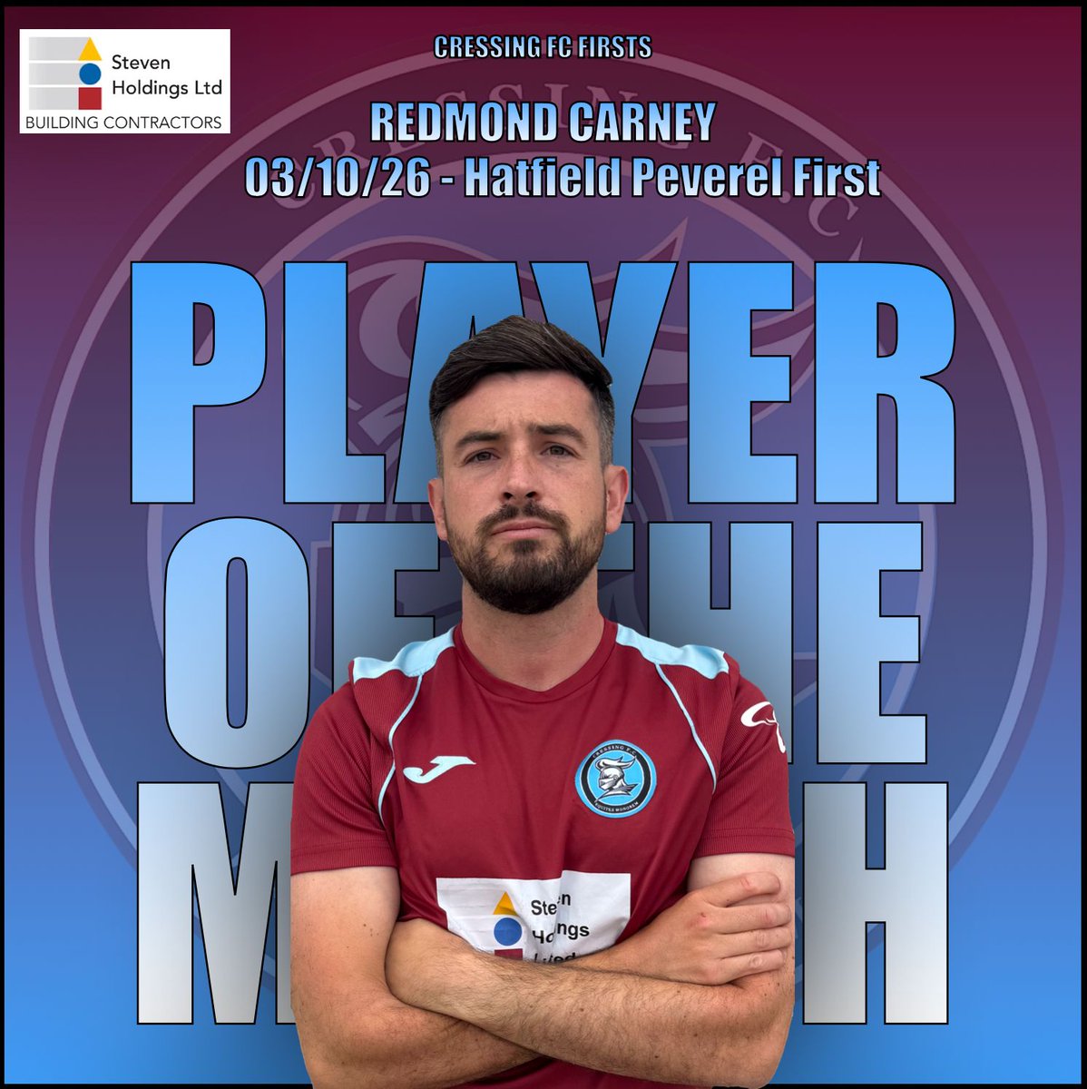 CressingFC's tweet photo. POTM - Firsts ⚽️

Weekend’s POTM is Redmond Carney💥

‘Red put in a solid display. Won all his individual battles and pushed the back line when needed. A good performance.’

Up the Cressing! ⚽️

#CressingFC 
#StevenHoldingsLTD
#UTC https://t.co/nKC2YcRtwX