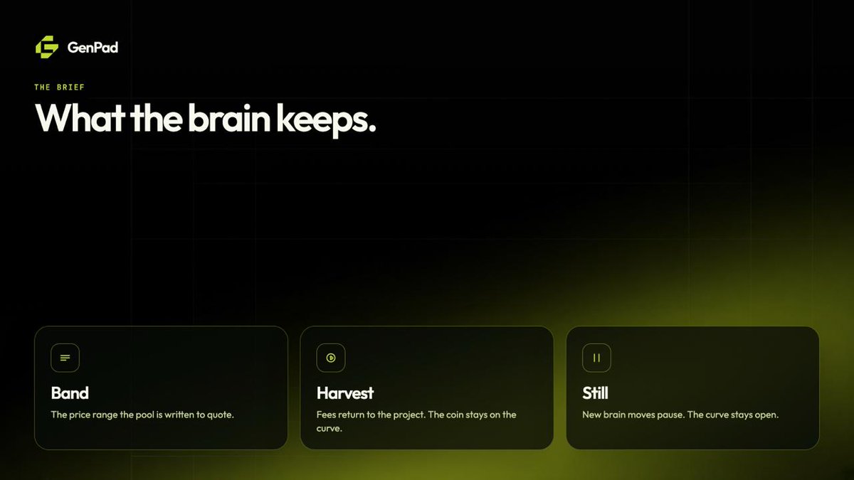Genpad_io's tweet photo. The brain is the brief written at launch and saved against the new mint. It needs a sentence, and it names the moves that brain may use.

Band is the price range the Meteora pool is written to quote. Harvest returns pool fees to the project. Still pauses new brain moves while the https://t.co/7gG4sBtffd curve stays open.

This site stores that brief. It does not deploy the GenPad program, and it does not send the pool transaction.