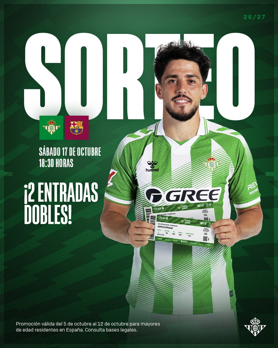 RealBetis's tweet photo. Un sorteo 𝐓𝐎𝐏 para un partido 🔝

Entra en el enlace y participa para poder lograr 2 entradas dobles para el #RealBetisBarça 😍

➡️ https://t.co/n3vW4Uad8R https://t.co/7Xvz7gpRCH