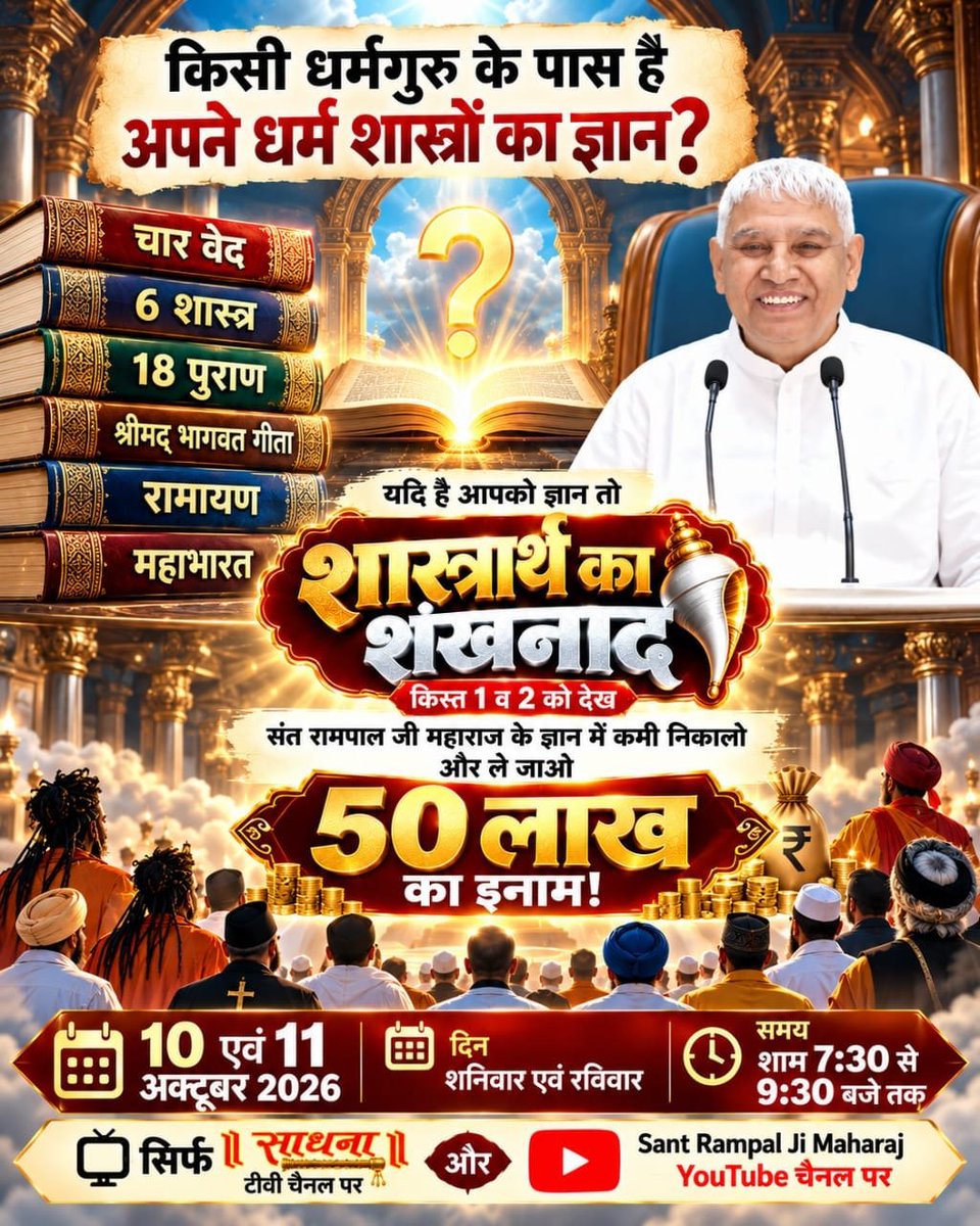 HanumanDasm07's tweet photo. #शास्त्रार्थ_का_शंखनाद_10_Oct
क्या किसी धर्मगुरु के पास संपूर्ण शास्त्र ज्ञान है? Sant Rampal Ji Maharaj जी का खुला शास्त्रार्थ आमंत्रण। ज्ञान में कमी निकालो, 50 लाख इनाम ले जाओ। 10-11 अक्टूबर 2026, शाम 7:30 से 9:30, साधना टीवी और YouTube चैनल पर देखें।
50Lakh By Sant RampalJi https://t.co/H7UsF7Jybc