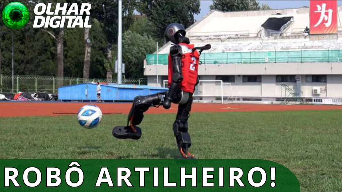 A humanoid robot wearing a red jersey (#2) kicks a soccer ball on a sports field, with stadium seating in the background. The image features "OLHAR DIGITAL" branding in the top left and the headline "ROBÔ ARTILHEIRO!" at the bottom, illustrating the post about humanoid robots scoring up to 90% of penalty kicks in real-world tests.