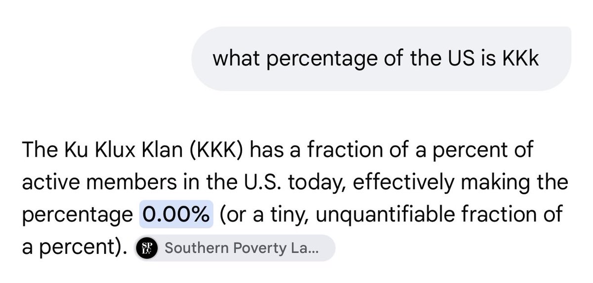 GamblinMan2025's tweet photo. @lastletterisN The amount of active KKK members in America is a tiny tiny fraction. They hold literally zero power in government. Sure there are hate groups. Doesn’t mean America is oppressing black people. I bet I can find a black hate group with a quick Google search. https://t.co/dBLF3e69pj