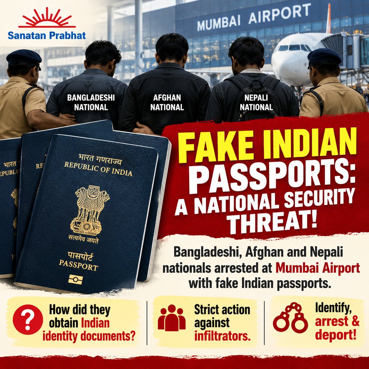 Sanatan_Prabhat's tweet photo. Fake Indian Passports: A National Security Threat!

Bangladeshi, Afghan &amp; Nepali nationals travelling on fake Indian passports arrested at Mumbai Airport

How did foreign nationals obtain Indian identity documents?

The Govt must crack down on illegal infiltrators and deport them https://t.co/ZsRDXNpCSP