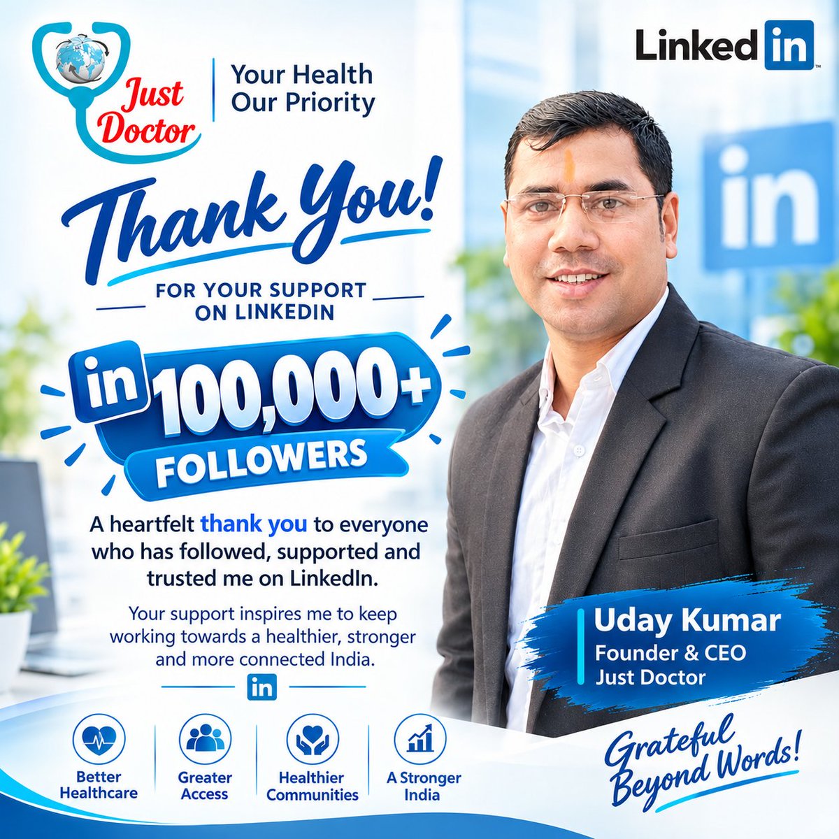 UdayKumarIndia1's tweet photo. Thank You! 🙏
Just crossed 100,000+ followers on LinkedIn!
Grateful to everyone who has followed &amp; supported this journey.
Your support inspires me to build a healthier &amp; stronger India.
#JustDoctor #100K #linkedin  @JustDoctorIndia
    Uday Kumar
Founder &amp; CEO, Just Doctor https://t.co/uIhuWt1cHP