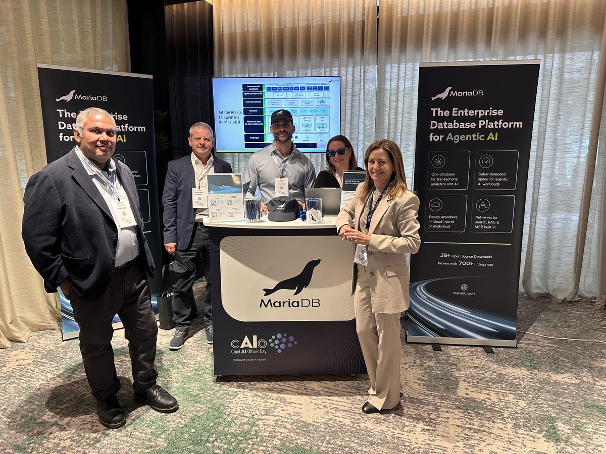 mariadb's tweet photo. We had a great time as a Gold Sponsor at #CAIODay 2026, hosted by @iKN_Spain! 💙  

The highlight of the day was MariaDB's Nieves Delgado joining a panel on technology and architecture to scale AI in the enterprise — where she discussed integration, data, platform evolution, and the trends set to shape AI over the next few years.  

Thank you to everyone who stopped by to talk, discuss ideas and share their experiences, and to our onsite crew who made it happen. These conversations are what make events like this worth the trip! 🇪🇸