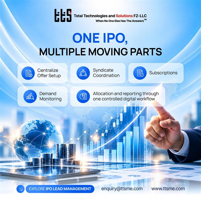 TTS_ME's tweet photo. 𝗢𝗻𝗲 𝗜𝗣𝗢. 𝗠𝘂𝗹𝘁𝗶𝗽𝗹𝗲 𝗠𝗼𝘃𝗶𝗻𝗴 𝗣𝗮𝗿𝘁𝘀.
Manage subscriptions, demand, allocation, and reporting through one connected IPO workflow.

Streamline Your IPO Operations:
https://t.co/RLjcm7zNCL

#IPOManagement #CapitalMarkets #LeadManagement https://t.co/4UZrrO1Bls