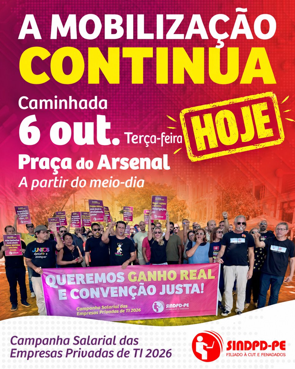 SindpdPE's tweet photo. Hoje teremos mais uma Caminhada da Campanha dos trabalhadores e trabalhadoras de TI. A concentração será às 12h, na Praça do Arsenal.
Sem pressão, não teremos avanço! Vamos todos e todas participar e lutar por nossos direitos!
#sindpdpe #tics #campanhaprivadas2026 https://t.co/qO8SJK5ceg