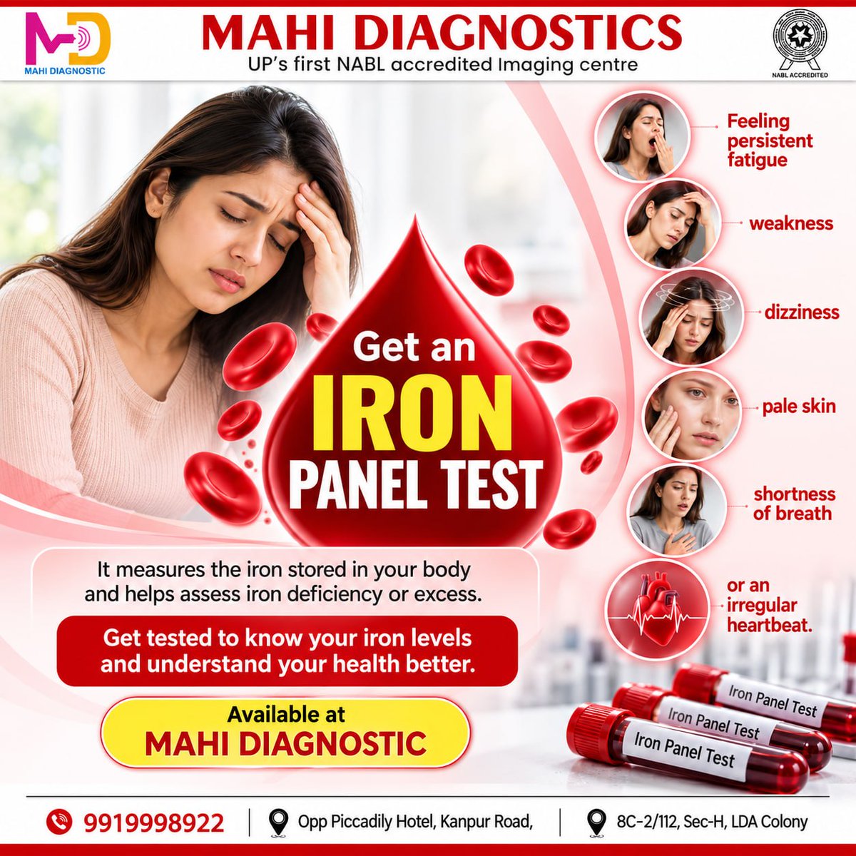MahiDiagnostics's tweet photo. 🔬 Our Iron Profile Test helps detect deficiencies early, ensuring you stay active, healthy, and confident.
📍 Visit our Diagnostic Center today and take charge of your health.
📞 99199 98922.

#IronProfileTest #StayStrongStayHealthy #DiagnosticCenterAlambagh #PreventiveHealth https://t.co/h29vgxgsGo