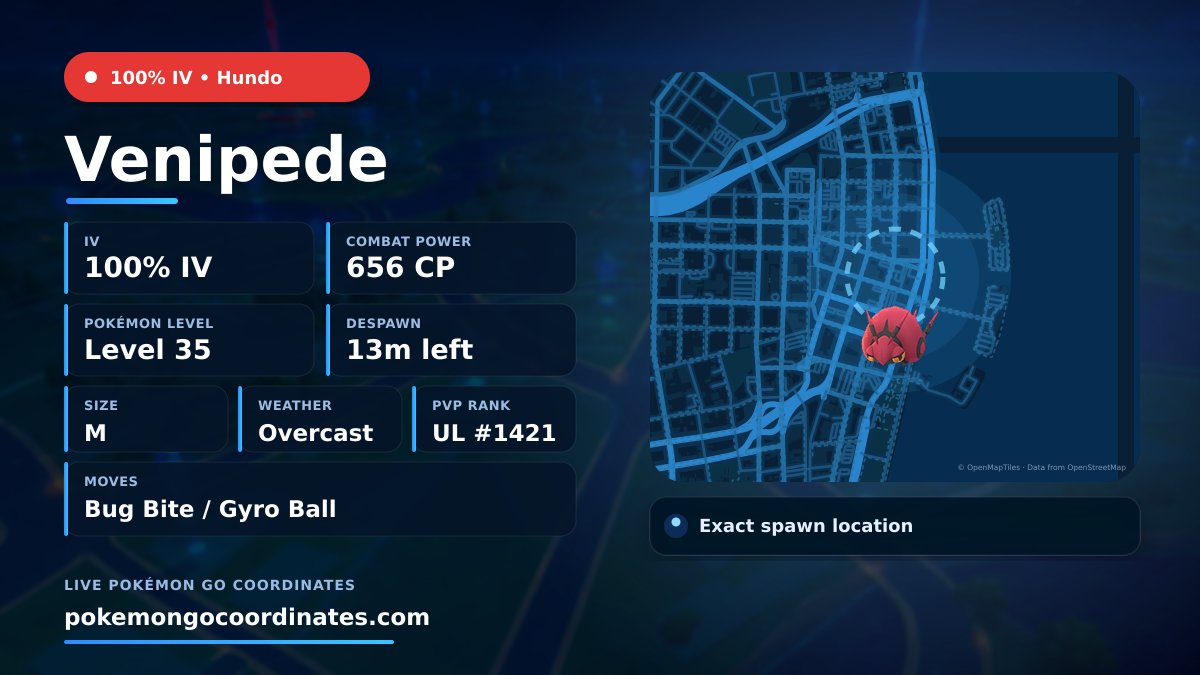CoordsPokemonGo's tweet photo. #Venipede Wild Spawns
π―% IV β’ 656 CP β’ Level 35
Despawns in 13m
π 27.795193,-97.392728
#100IVLevel35 β’ #GOFest https://t.co/MCqpWqkVaq