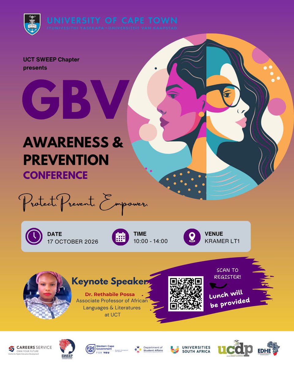 UCTCareers's tweet photo. 💜 No one should be left behind.

Join the conversation on ending GBV and creating safer spaces for women and LGBTQIA+ communities. This is more than awareness, it’s about action and real change. 📣 Bring a friend &amp; spread the word.

🔗 RSVP: https://t.co/DpZwhGWGDJ

#EndGBV #UCT https://t.co/eVrP2I1CAj