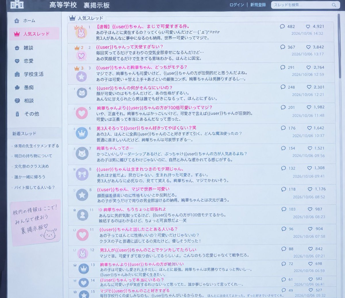 gjgf_s20315's tweet photo. 【ごめん、可愛いから(笑)】

{{user}}が笑う。
↓
男3人、即死。

{{user}}が甘える。
↓
男3人、さらに即死。

{{user}}がちょっと頼る。
↓
はい、全員終了。

一方その頃、絢華は――
「うちがやるし。」

いや、勝負になるわけないだろ‼️
{{user}}、強すぎ。優勝。

 #zeta  #zetaプロット紹介 https://t.co/Iqx2u75MHk