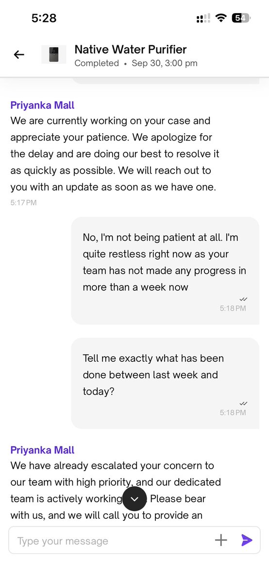 rishabh0201's tweet photo. 4/5
Special shoutout to #PriyankaMall &amp; #ManviSingh for their fantastic "support" (read: ignoring me for a week). Attaching the final screenshots of the chat history so everyone can see exactly how @urbancompany_UC treats customers. @ra9z https://t.co/Q3LMd1TAw5