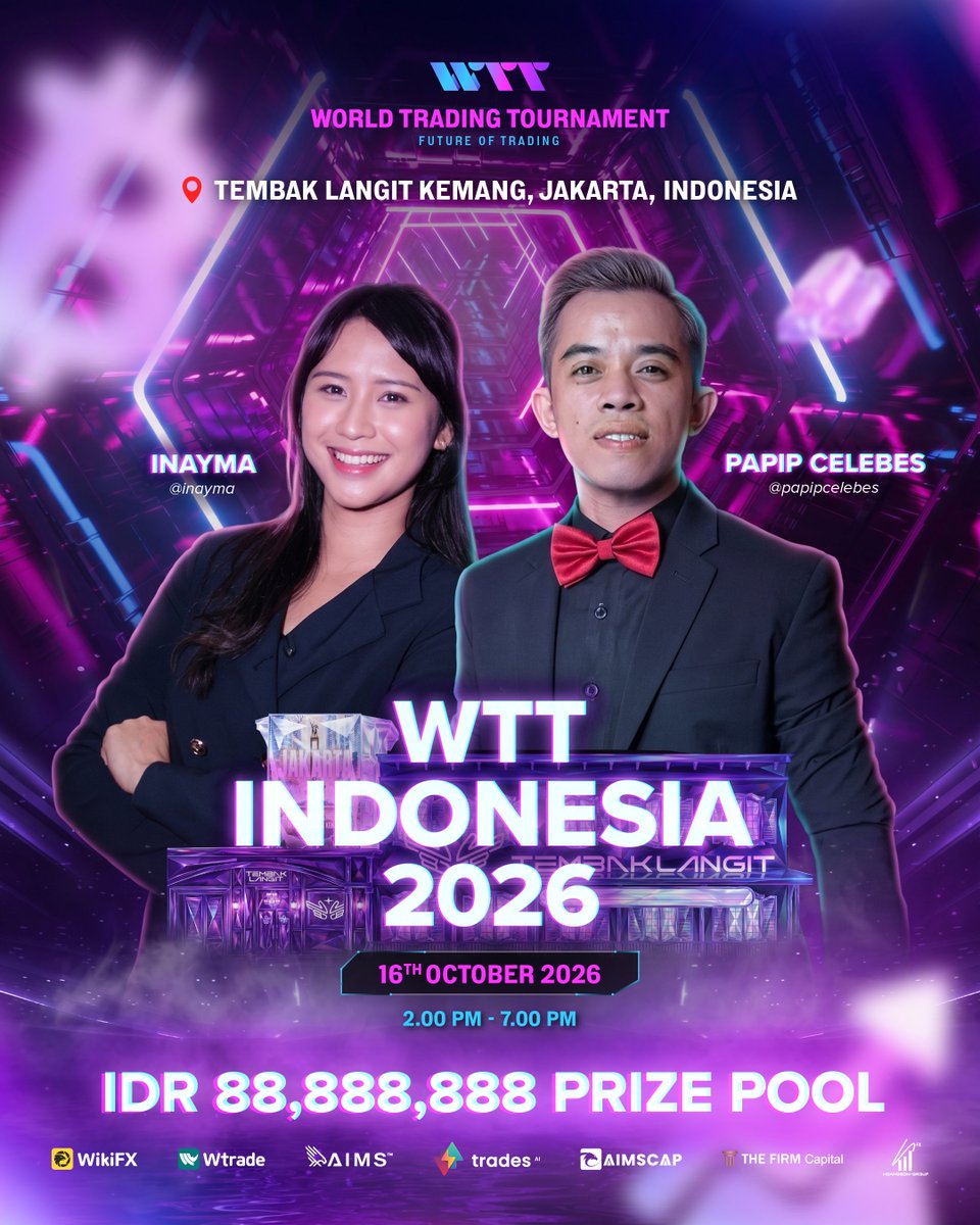 worldtradingt's tweet photo. WTT Indonesia 2026, hosted by Papip Celebes (@papipcelebes) and Inayma (@inayma)!

Join us at Tembak Langit Kemang for a day of gamified trading and a skill-based tournament with a prize pool of IDR 88,888,888 up for grabs.

Think you have what it takes to be our next WTT Champion? 😉

🕐 2 PM – 7 PM
📍 Tembak Langit Kemang, Jakarta, Indonesia
📅 16 October 2026

🎟️ Free entry for all visitors!

Let’s redefine the future of trading together. 💎
https://t.co/HV6U3q0UQj

Game on, Traders!

#worldtradingtournament #daytrading #daytrader #indonesia #WTTIDN2026