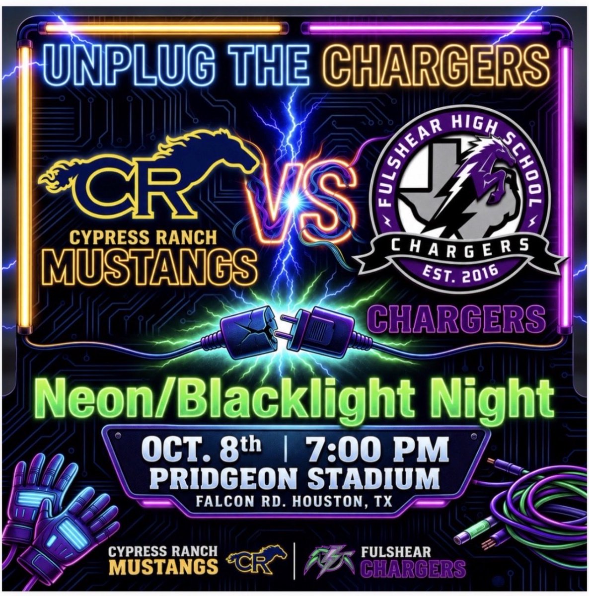 CyRanchBooster's tweet photo. ⚡ UNPLUG THE CHARGERS ⚡
IT’S TIME TO STAMPEDE! 🐎🏈
MUSTANGS — CHARGE THE FIELD. CONTROL THE GAME.
NEON/BLACKLIGHT NIGHT
CY RANCH vs. FULSHEAR
#MWT #UnplugtheChargers #CypressRanchMustangs #CypressRanchAthletics https://t.co/miHb7PAznY