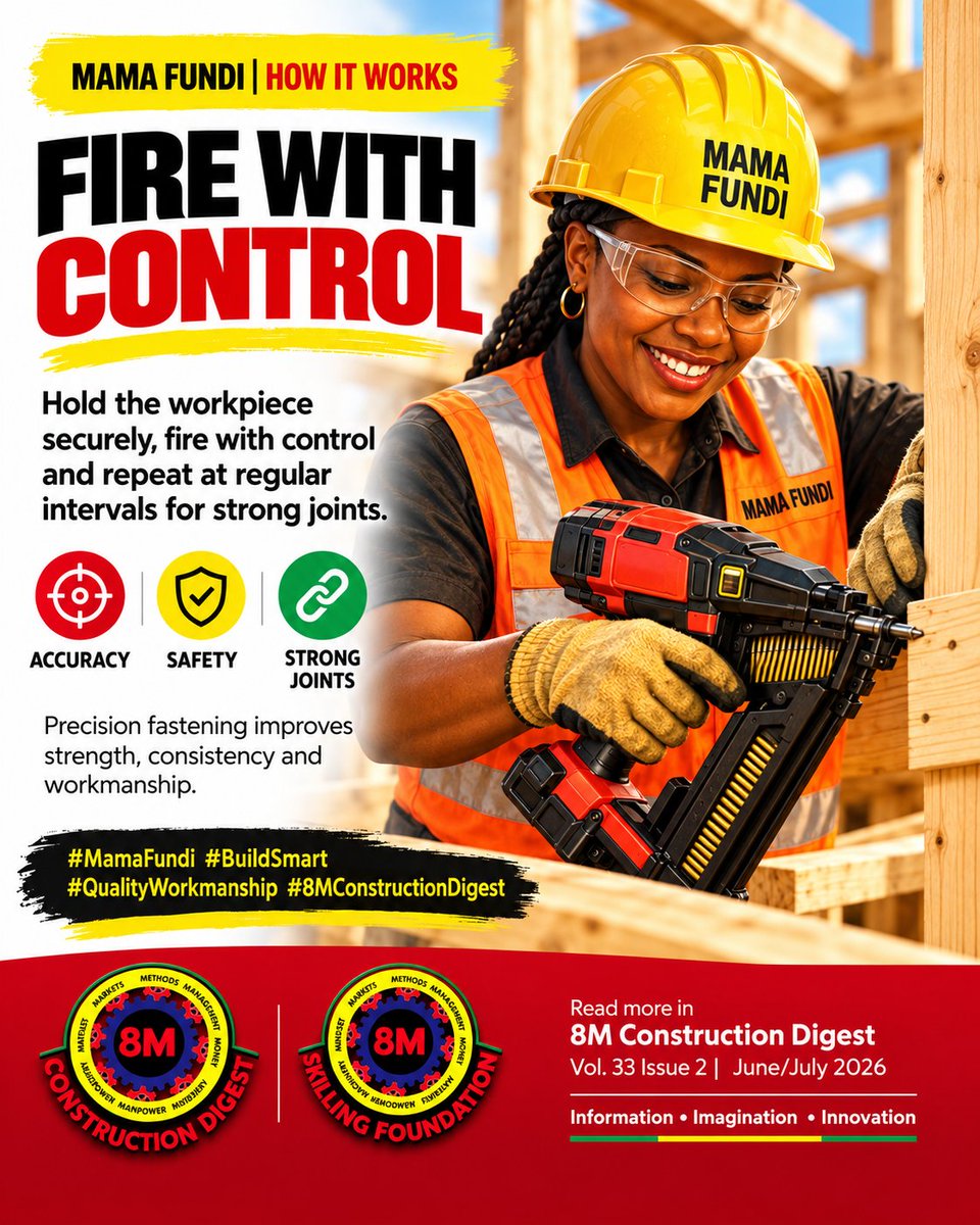 8MDigestLtd's tweet photo. FIRE  WITH CONTROL.

Speed is useful—but precision builds strong joints.
 Secure the work. Position carefully. Fasten consistently. Watch full story on https://t.co/OpUcfeg0Rz
#MamaFundi #NailGun #BuildSmart #QualityWorkmanship #8MConstructionDigest https://t.co/nGwiwMp5XH