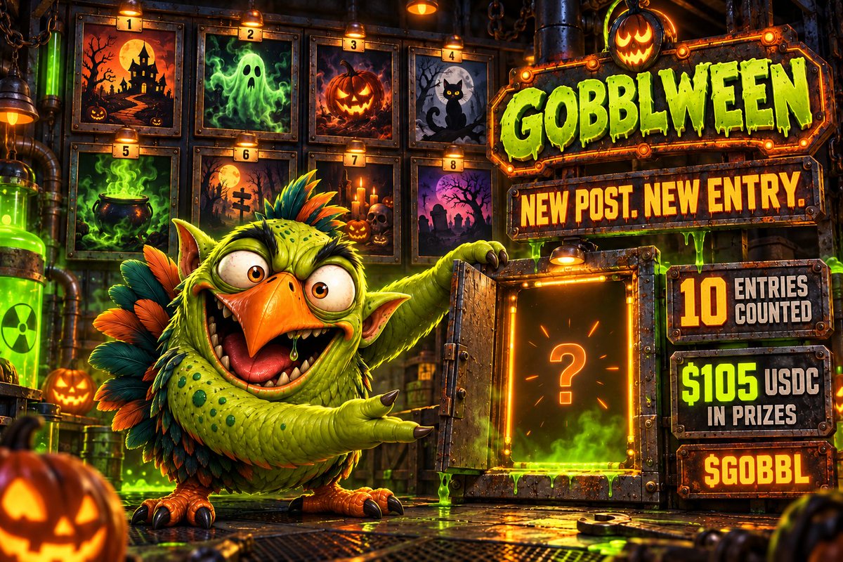 GOBBLcoin's tweet photo. GOBBLWEEN has 10 entries and not one responsible adult in the room.

NEW POST. NEW ENTRY.

Quote-post THIS with a new original Halloween GOBBL meme, image, GIF, or short video.

Reminder: Replies to the post are not picked up by our bot, only quote posts.

$105 USDC IN PRIZES
🥇 50 USDC
🥈 30 USDC
🥉 20 USDC
☢️ 5 USDC WORST IN SHOW

AI tools are allowed. Copied work is not.

Need the creature? Rules and official GOBBL assets:
https://t.co/boT1DFrav6

#GOBBLWEEN