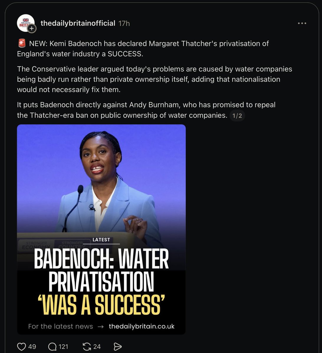vulcanliam92's tweet photo. Kemi badenoch thinks Margaret Thatcher privatising water was a success....
How is soaring water bills, record profits for water company CEOs, lack of investment and dumping sewage into lakes and rivers successful @KemiBadenoch? https://t.co/FgW94MgmiZ