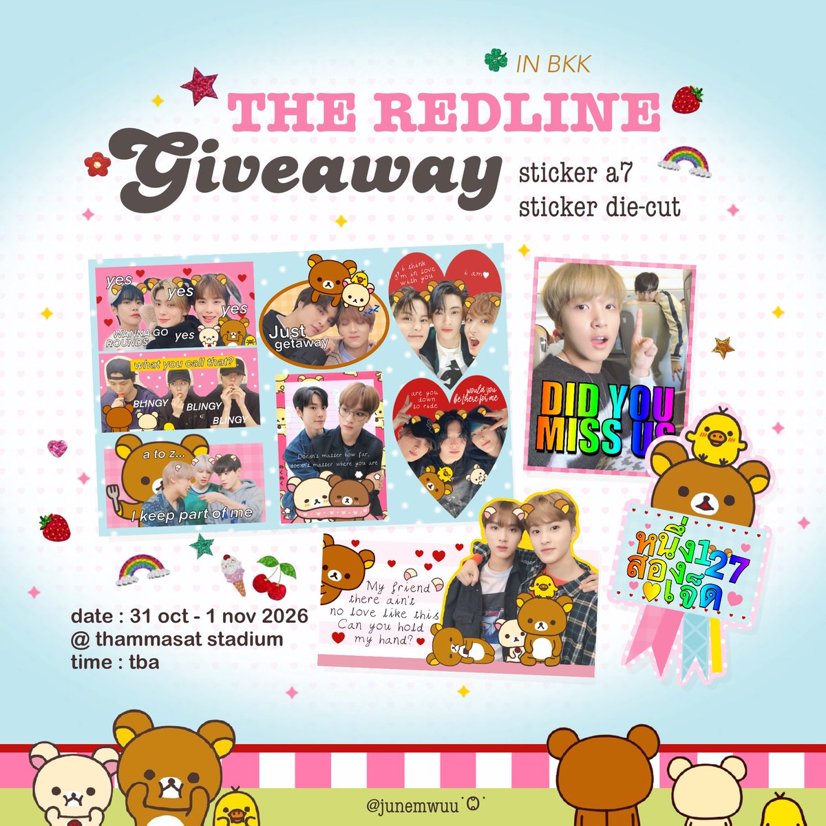 junemwuu's tweet photo. pls kindly rt 🚶🏼🍸 🍒⤵️⤵️

*🐻🍧giveaway nct127 the redline 
date : 31 oct - 1 nov 🌠🌠
@ 🏟️thammasat stadium 
  ૮꒰˶•˕•˶꒱ა ❣️❣️
 
rt &amp; show this tweet 🍭

#THE_REDLINE_BANGKOK
#NCT127_5TH_NEOCITY_THE_REDLINE https://t.co/qxQbcVUXPA