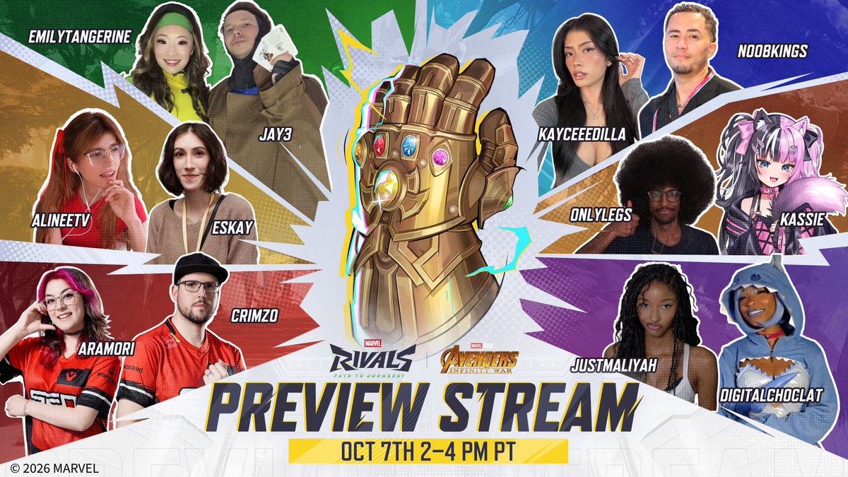 MarvelRivals's tweet photo. Get ready, Rivals - Season 10.5 is right around the corner! 🔥

We're gearing up for our upcoming Live Stream showcase, packed with exciting reveals, updates, and a first look at what's landing in the Chronoverse — including the new Path to Doomsday - Avengers: Infinity War mode, where you'll team up in duos and battle for the Infinity Stones!

Time: Oct 7th, 2 - 4 PM PT

Check out the teaser graphic and set your reminders! Who's tuning in with us?